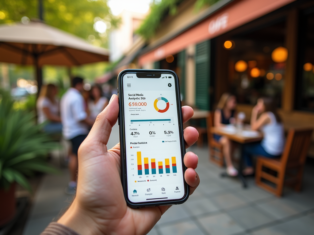 На изображении смартфон с графиками социальных медиа на фоне кафе и отдыхающих людей.