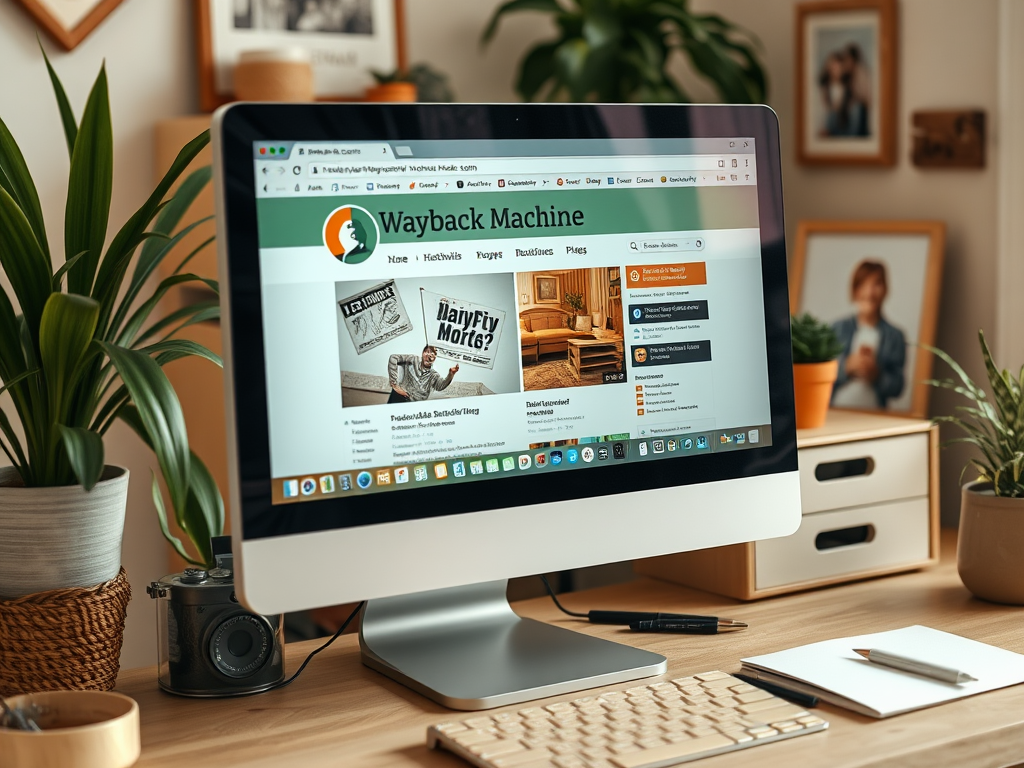 Изображение компьютера с сайтом Wayback Machine, расположенным на деревянном столе с предметами декора.