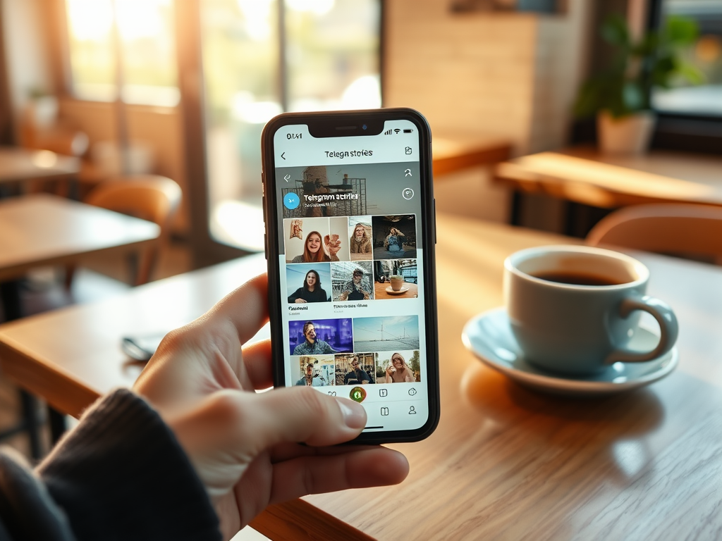 На изображении смартфон с открытым приложением Telegram и списком историй на столе с чашкой кофе.