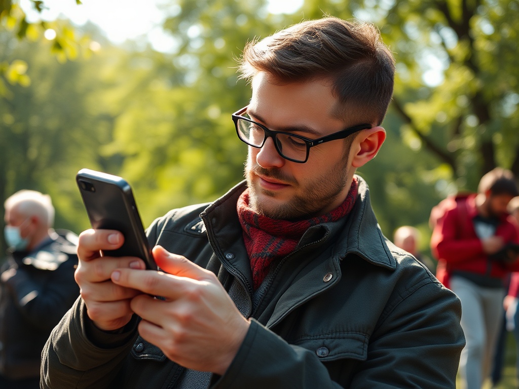 Молодой человек в очках, одетый в куртку и шарф, смотрит в телефон в зелёном парке.