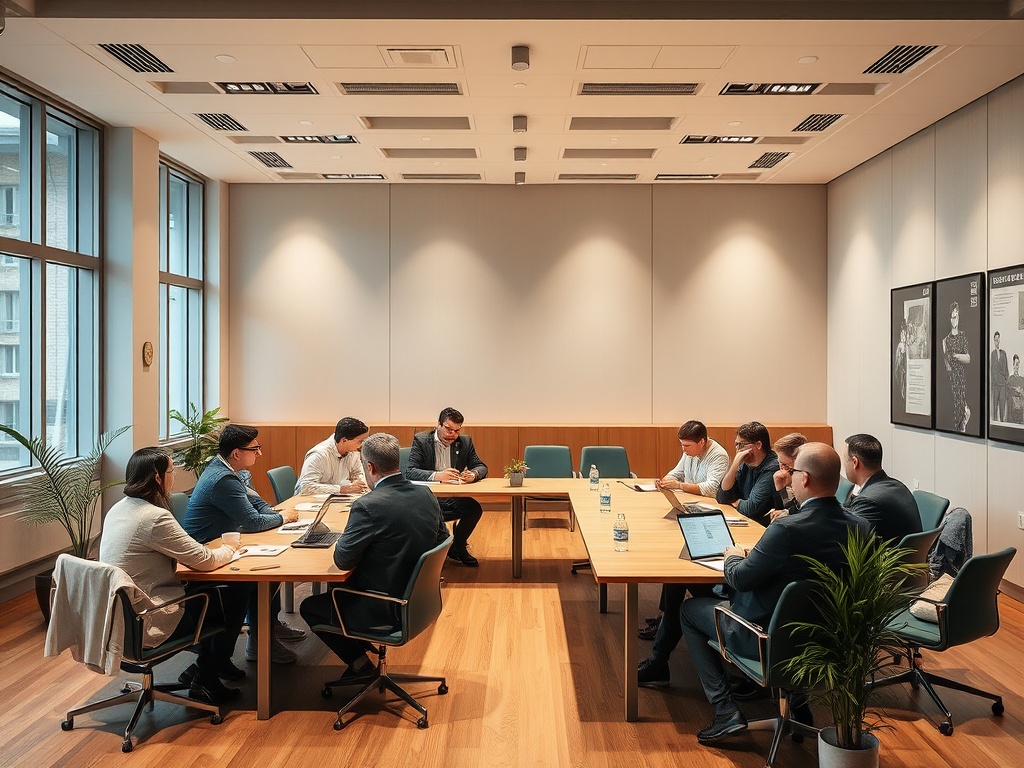 В конференц-зале группа людей обсуждает вопросы за столом, занимаясь подготовкой и анализом данных.