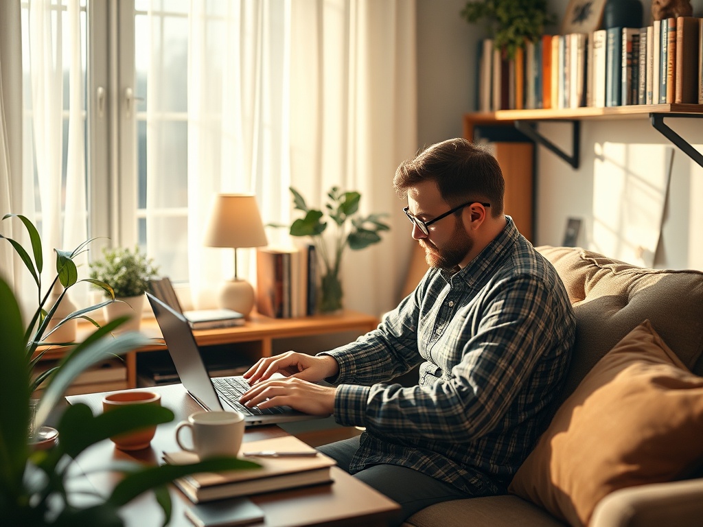 Мужчина работает за ноутбуком в уютной комнате с растениями и светом от окна. На столе чашка и блокнот.