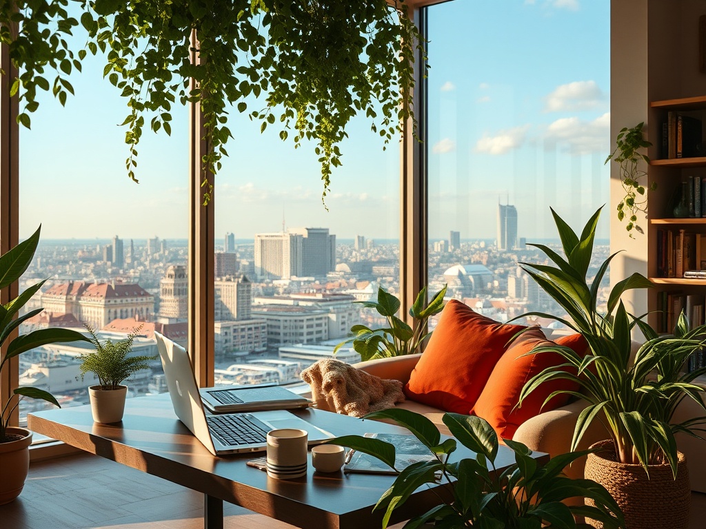 Современный офис с огромными окнами, зелеными растениями и уютной мебелью, открывающий вид на город.