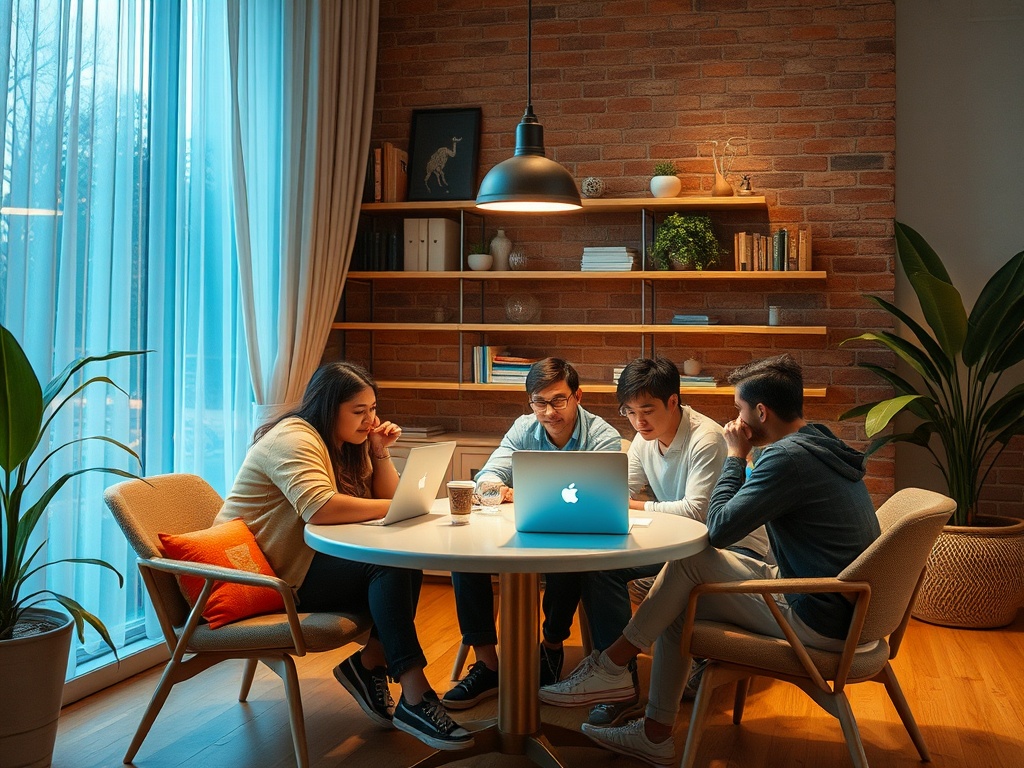Группа людей за круглым столом с ноутбуками, обсуждают идеи в уютной комнате с кирпичной стеной.