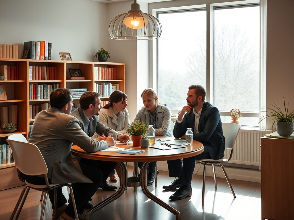 Группа людей обсуждает идеи за круглым столом в уютном офисе с книжными полками и большим окном.